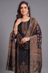 Black Art Silk Printed Straight Cut Suit