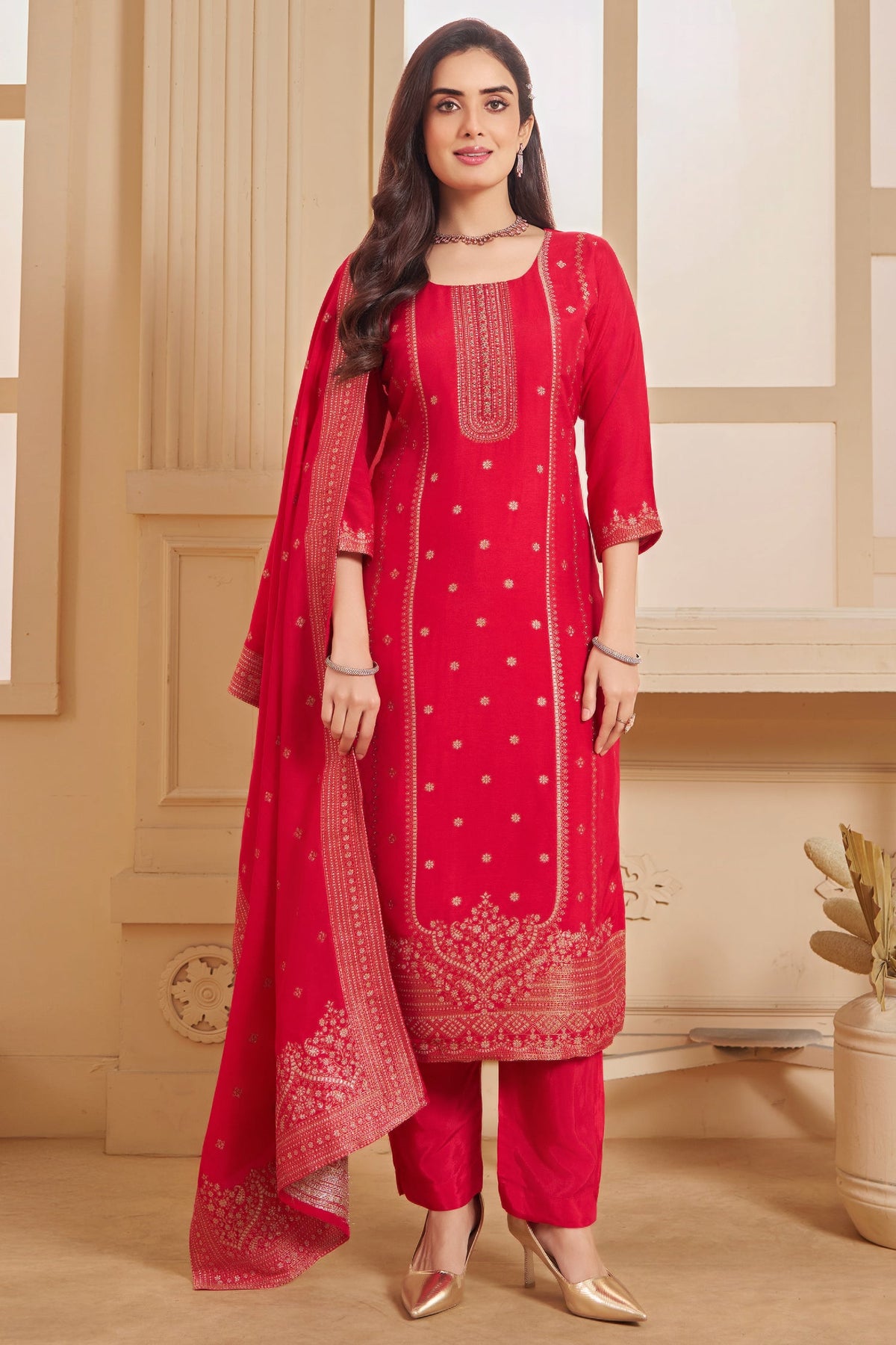 Pink Art Silk Woven Straight Cut Suit