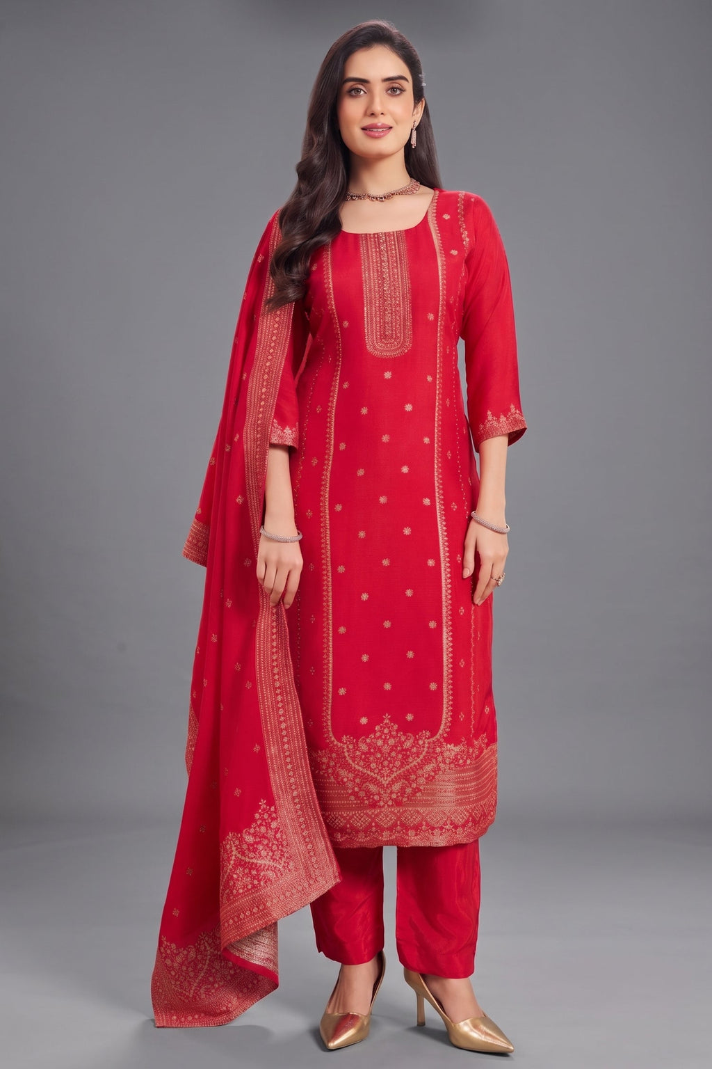 Pink Art Silk Woven Straight Cut Suit