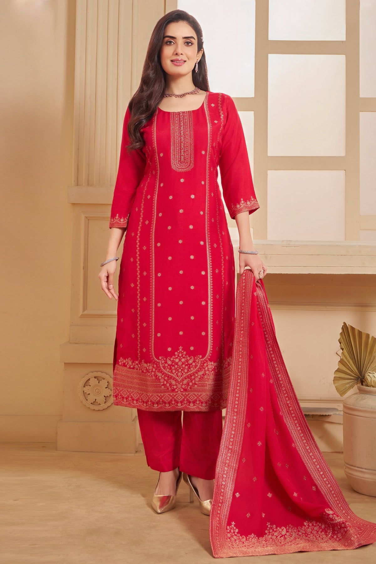 Pink Art Silk Woven Straight Cut Suit