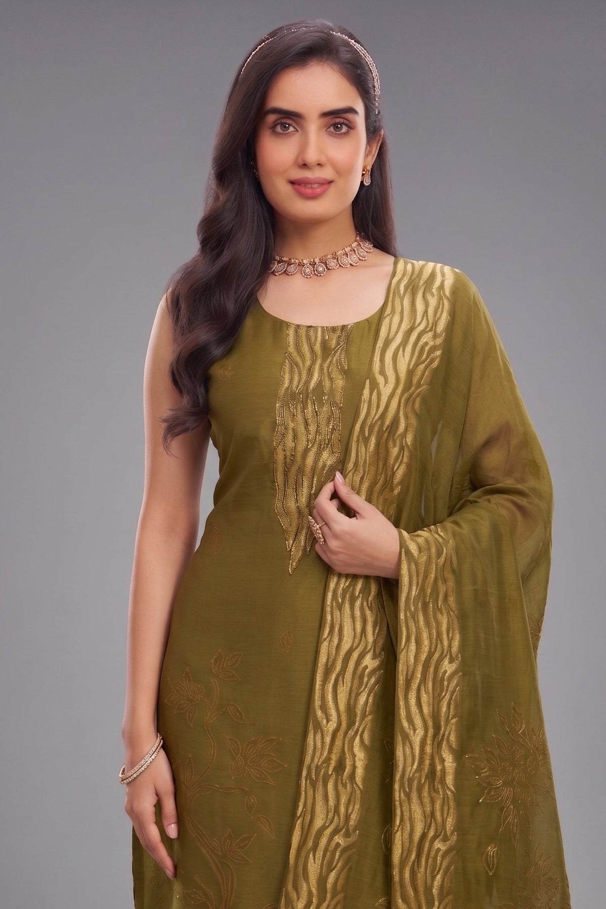 Olive Green Tissue Organza Straight Cut Suit with Cutdana Work