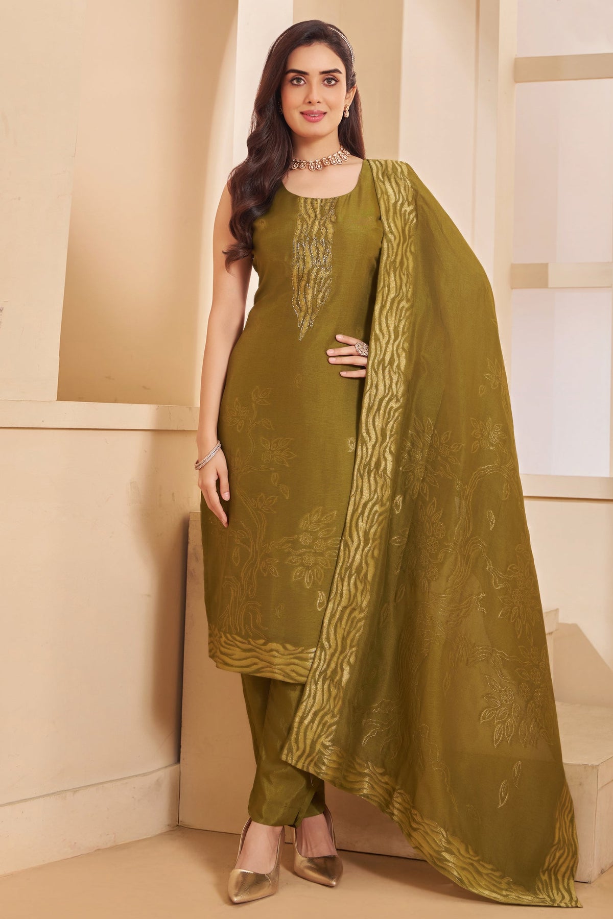 Olive Green Tissue Organza Straight Cut Suit with Cutdana Work