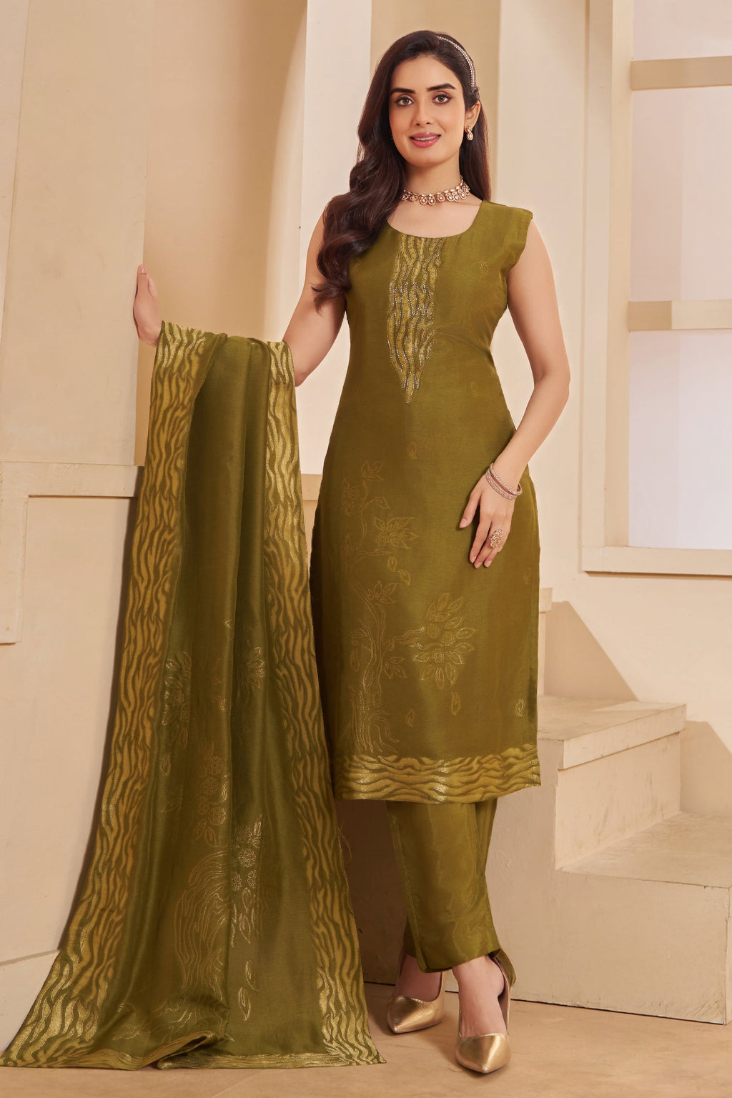 Olive Green Tissue Organza Straight Cut Suit with Cutdana Work