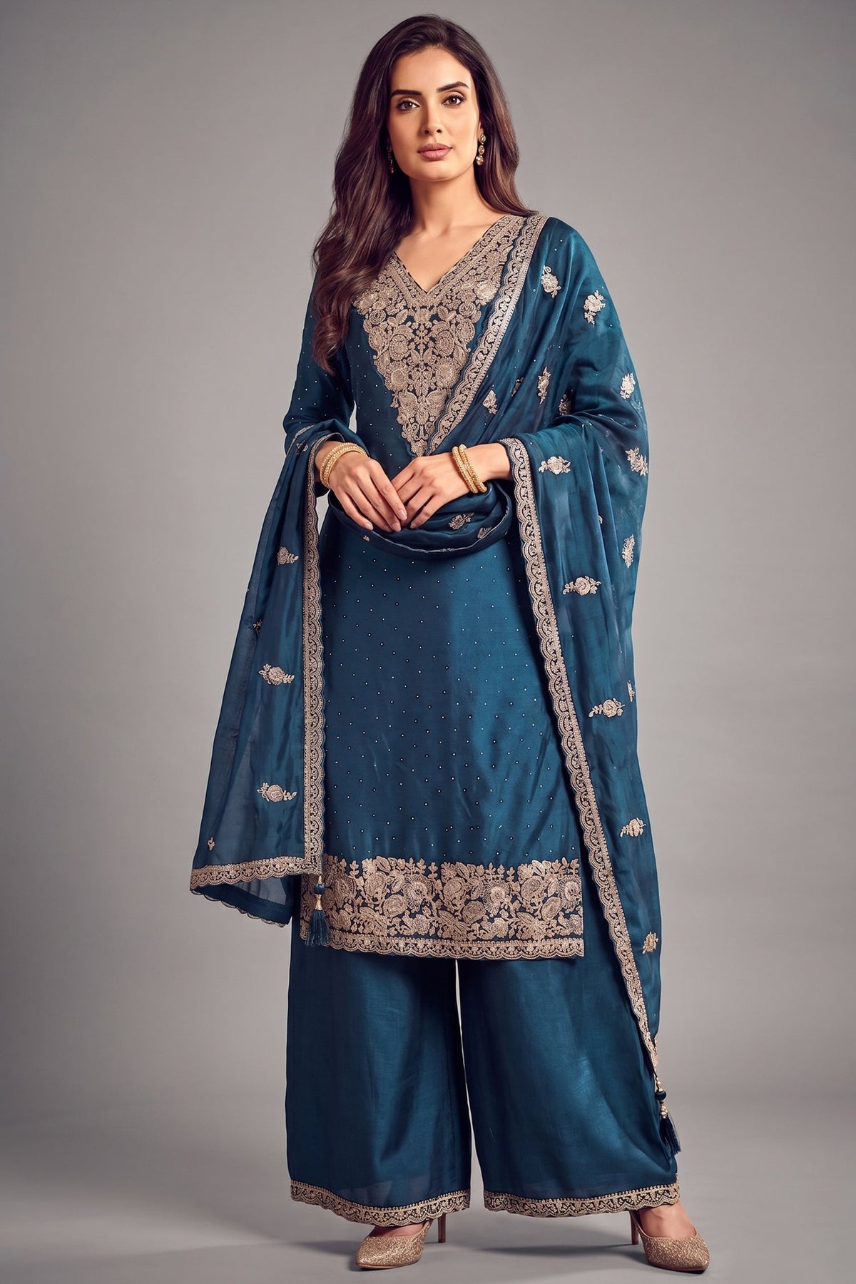 Rama Blue Art Silk Embroidered Palazzo Suit