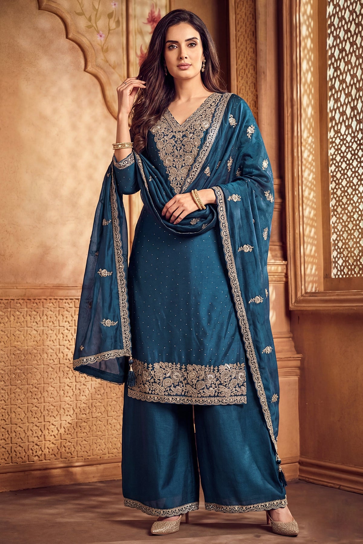 Rama Blue Art Silk Embroidered Palazzo Suit