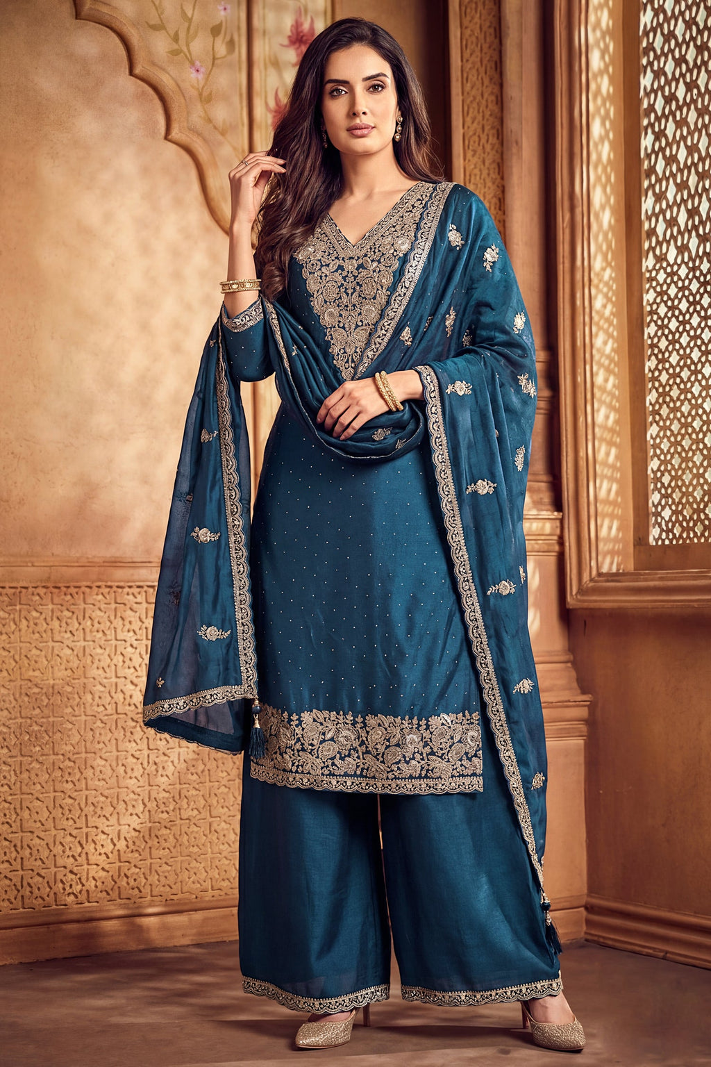 Rama Blue Art Silk Embroidered Palazzo Suit