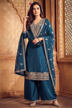 Rama Blue Art Silk Embroidered Palazzo Suit