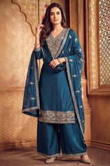 Rama Blue Art Silk Embroidered Palazzo Suit