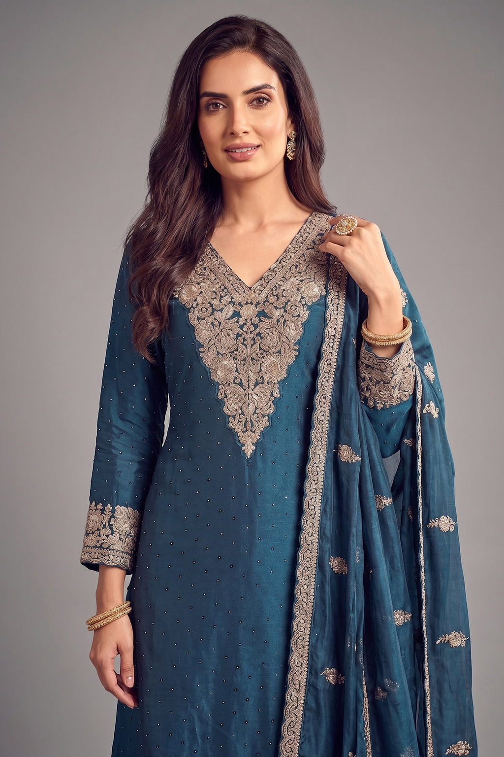 Rama Blue Art Silk Embroidered Palazzo Suit