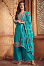Turquoise Blue Art Silk Floral Embroidered Palazzo Suit
