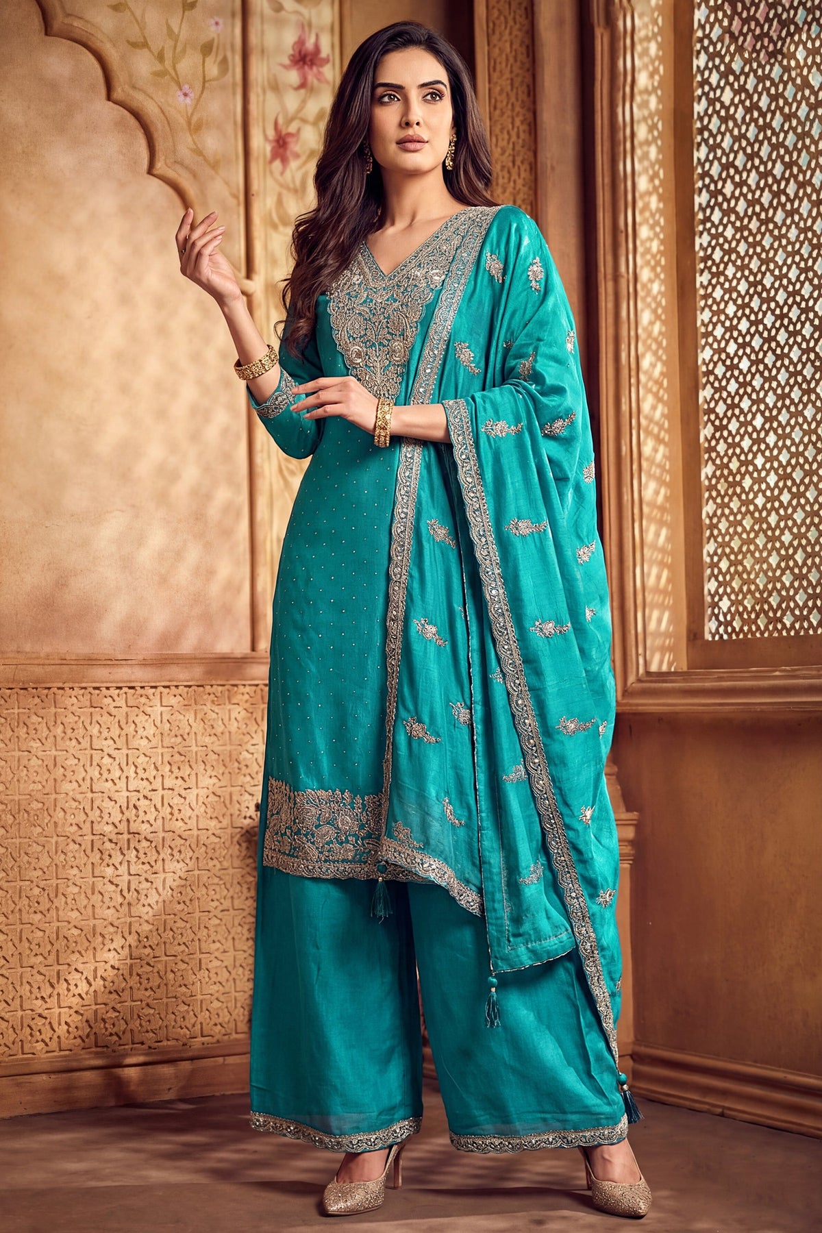 Turquoise Blue Art Silk Floral Embroidered Palazzo Suit