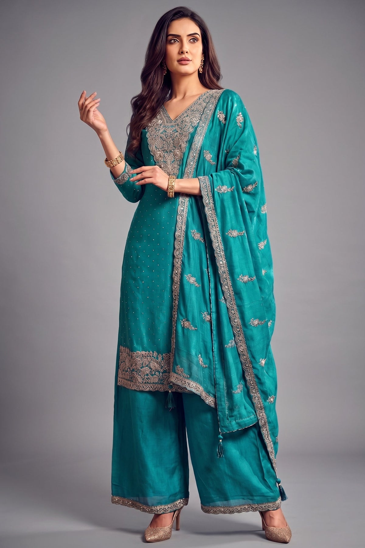 Turquoise Blue Art Silk Floral Embroidered Palazzo Suit