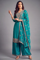 Turquoise Blue Art Silk Floral Embroidered Palazzo Suit