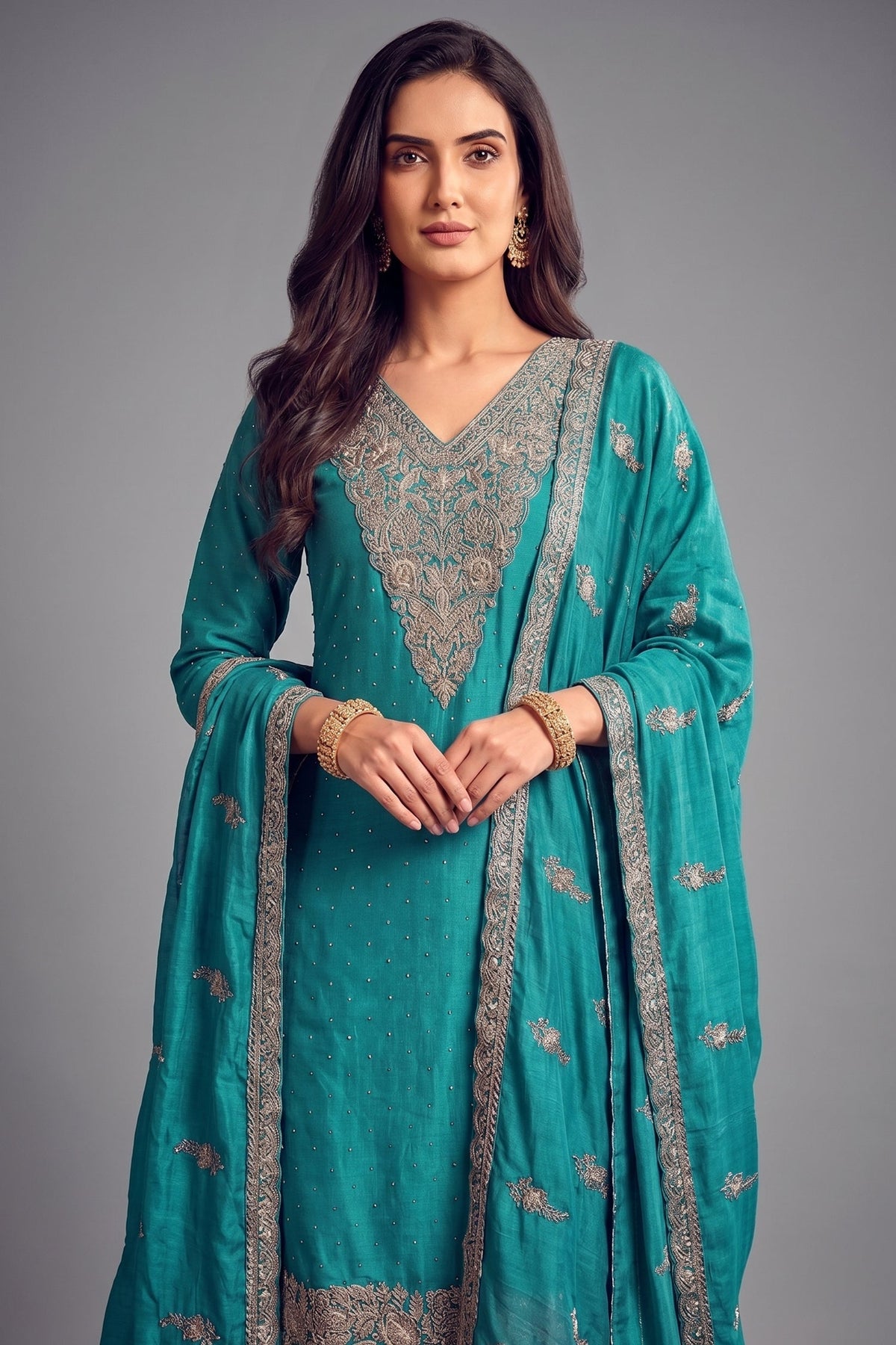 Turquoise Blue Art Silk Floral Embroidered Palazzo Suit