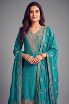 Turquoise Blue Art Silk Floral Embroidered Palazzo Suit