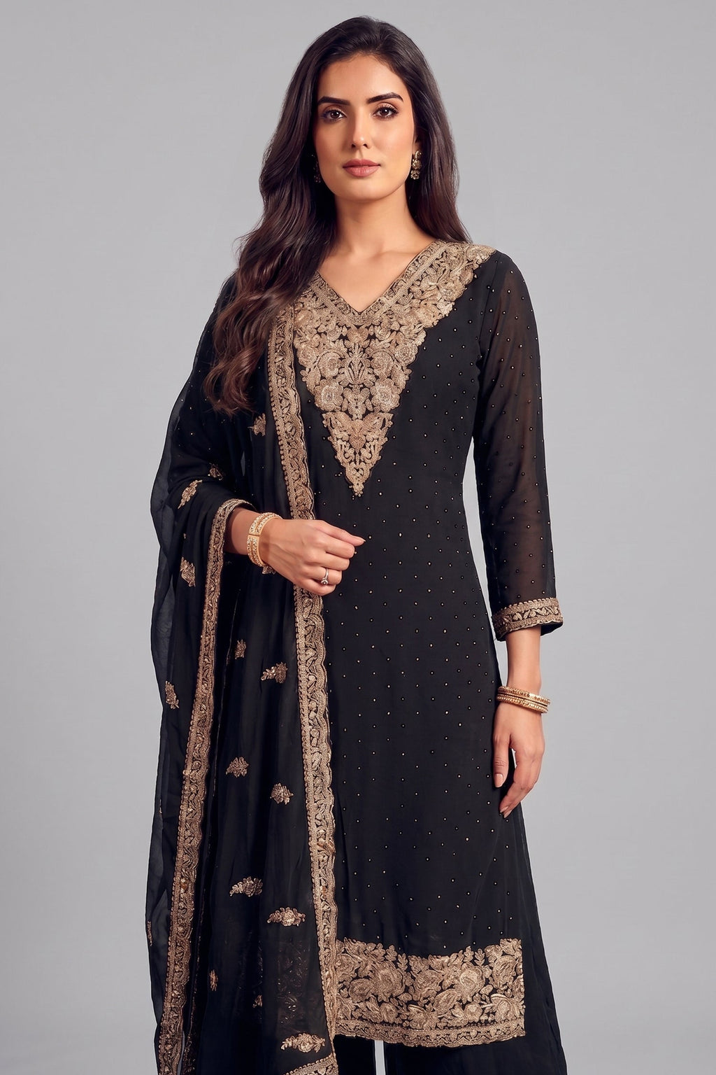 Black Art Silk Floral Embroidered Palazzo Suit