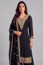 Black Art Silk Floral Embroidered Palazzo Suit