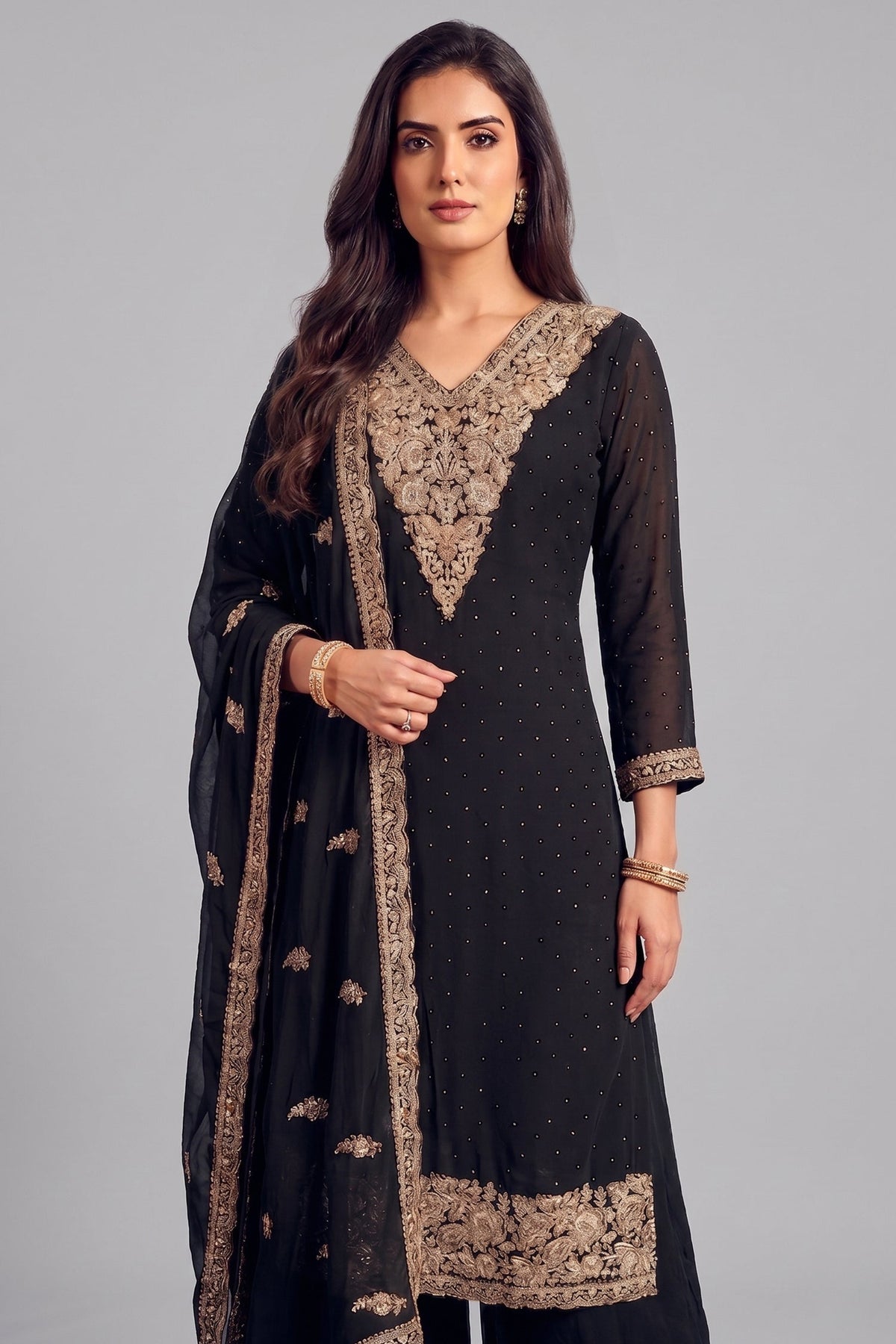 Black Art Silk Floral Embroidered Palazzo Suit