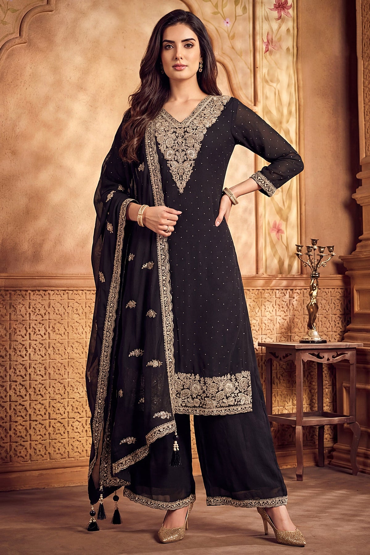 Black Art Silk Floral Embroidered Palazzo Suit