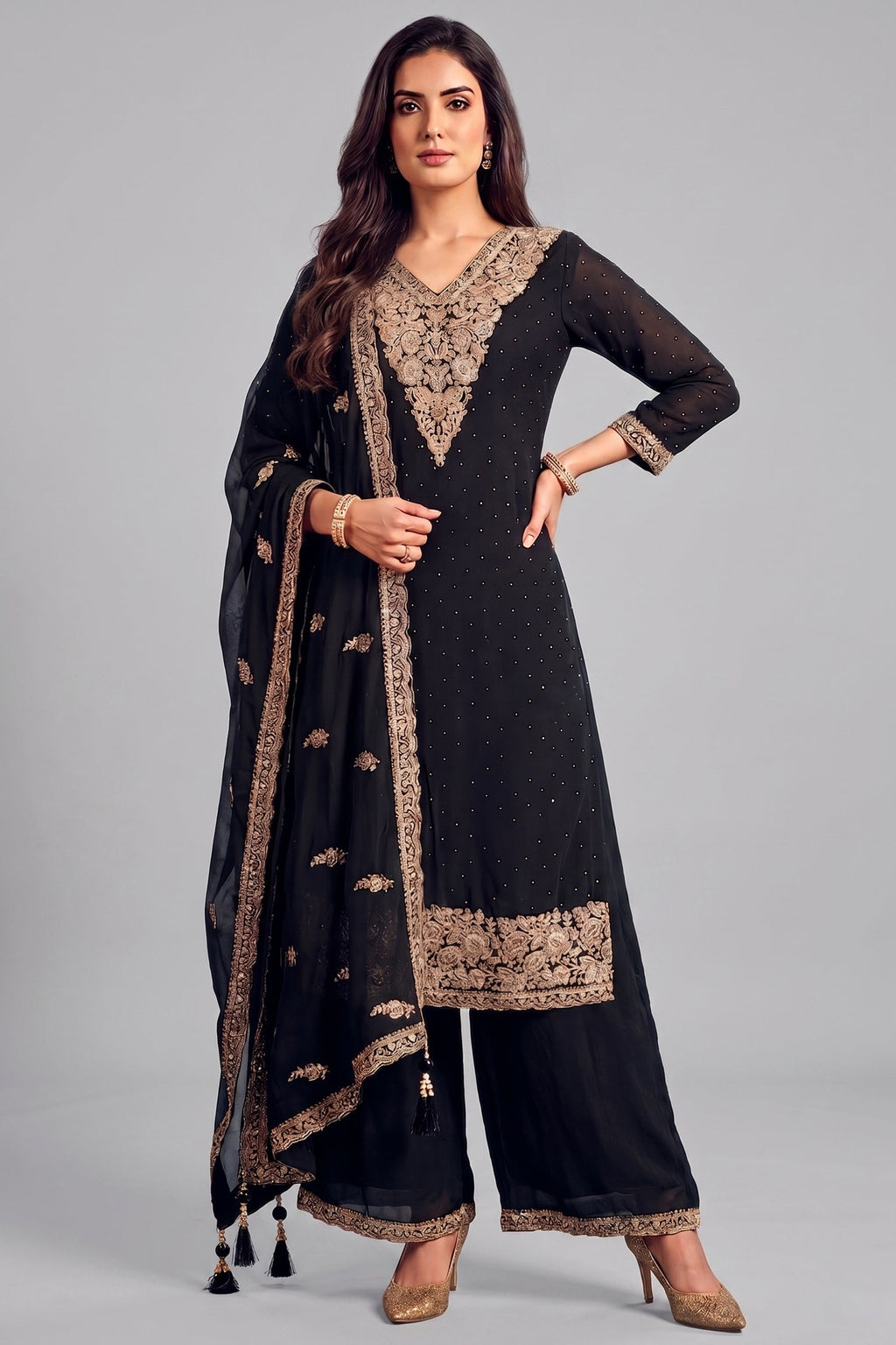 Black Art Silk Floral Embroidered Palazzo Suit