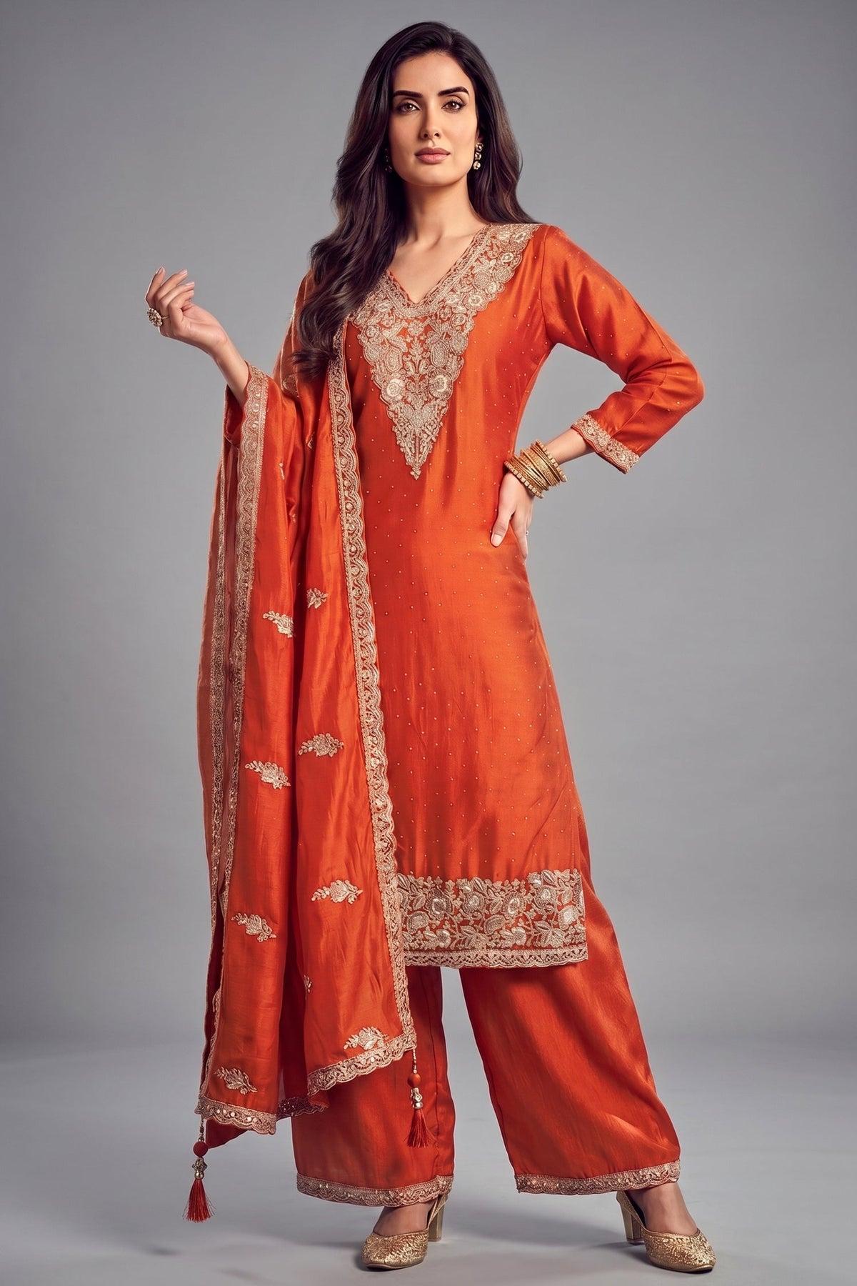 Orange Art Silk Floral Embroidered Palazzo Suit