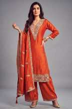 Orange Art Silk Floral Embroidered Palazzo Suit