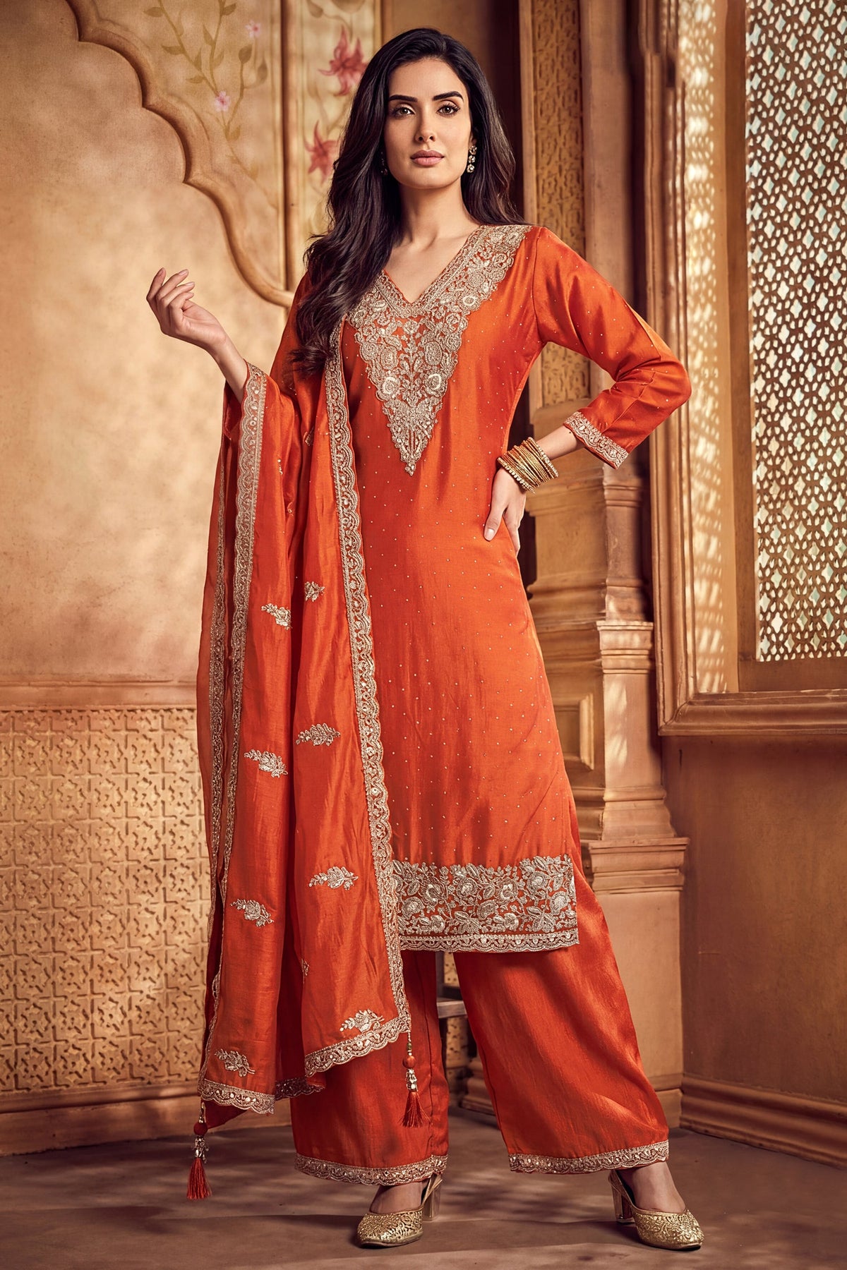 Orange Art Silk Floral Embroidered Palazzo Suit