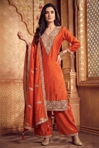 Orange Art Silk Floral Embroidered Palazzo Suit