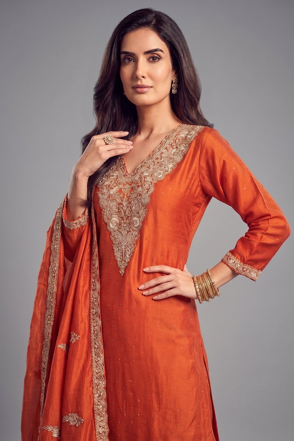 Orange Art Silk Floral Embroidered Palazzo Suit
