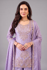 Lilac Purple Chinon Silk Woven Embroidered and Applique Worked Palazzo Suit