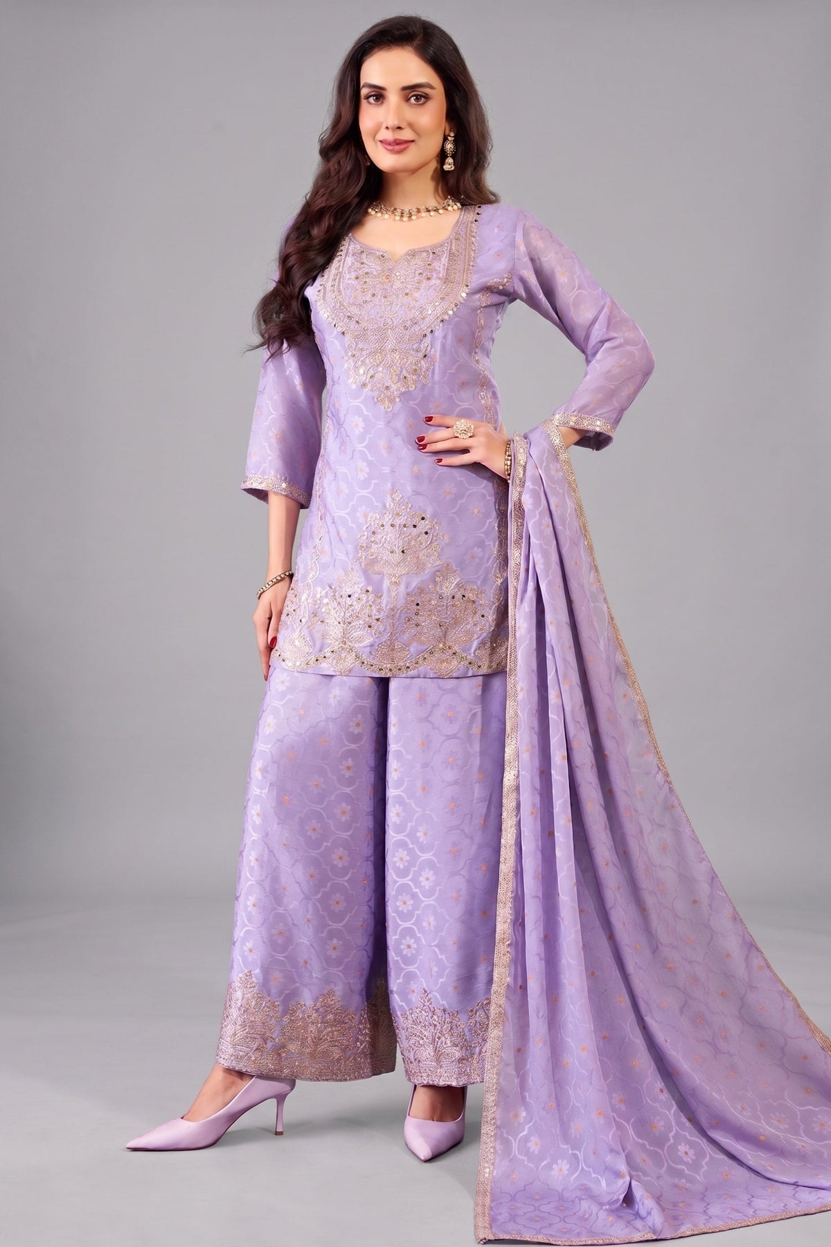 Lilac Purple Chinon Silk Woven Embroidered and Applique Worked Palazzo Suit