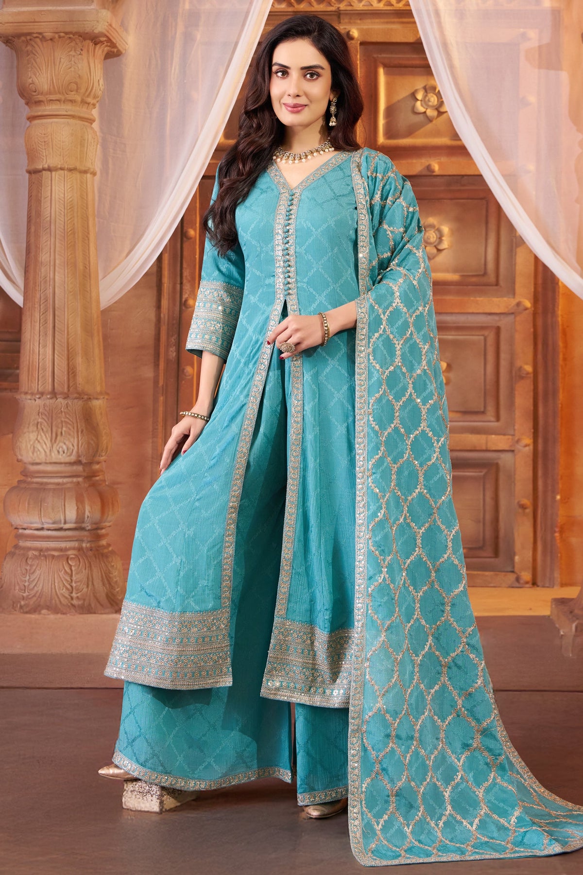 Sky Blue Chinon Chiffon Silk Sequin Embroidered Slit Cut Palazzo Suit