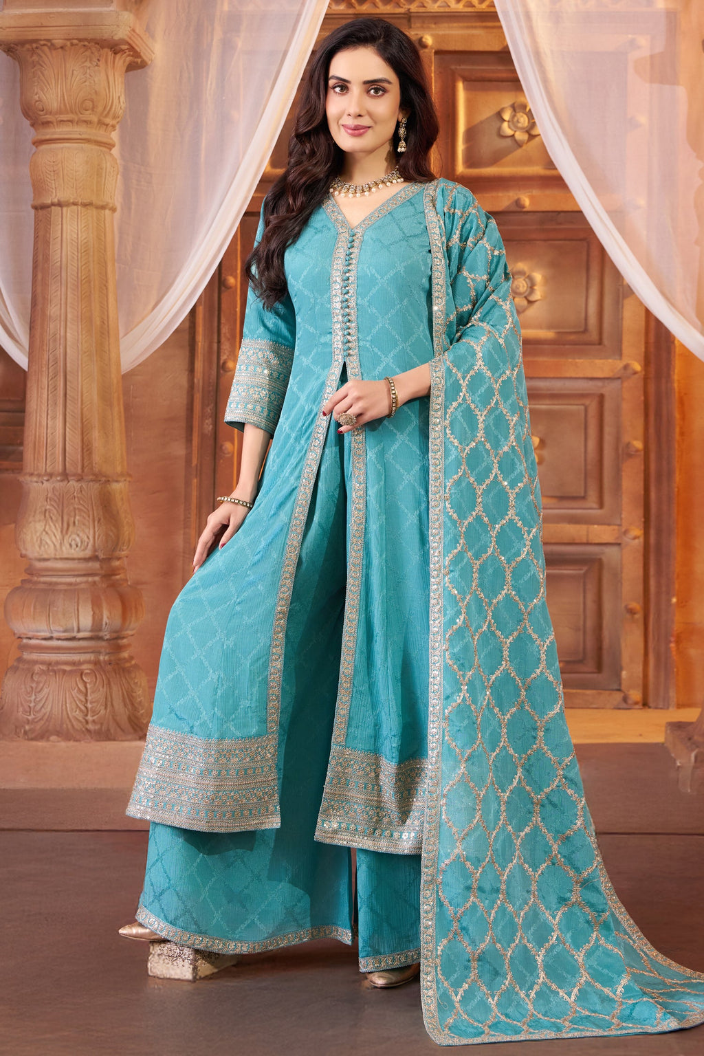 Sky Blue Chinon Chiffon Silk Sequin Embroidered Slit Cut Palazzo Suit