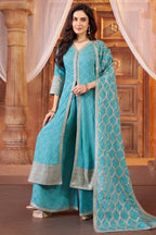 Sky Blue Chinon Chiffon Silk Sequin Embroidered Slit Cut Palazzo Suit