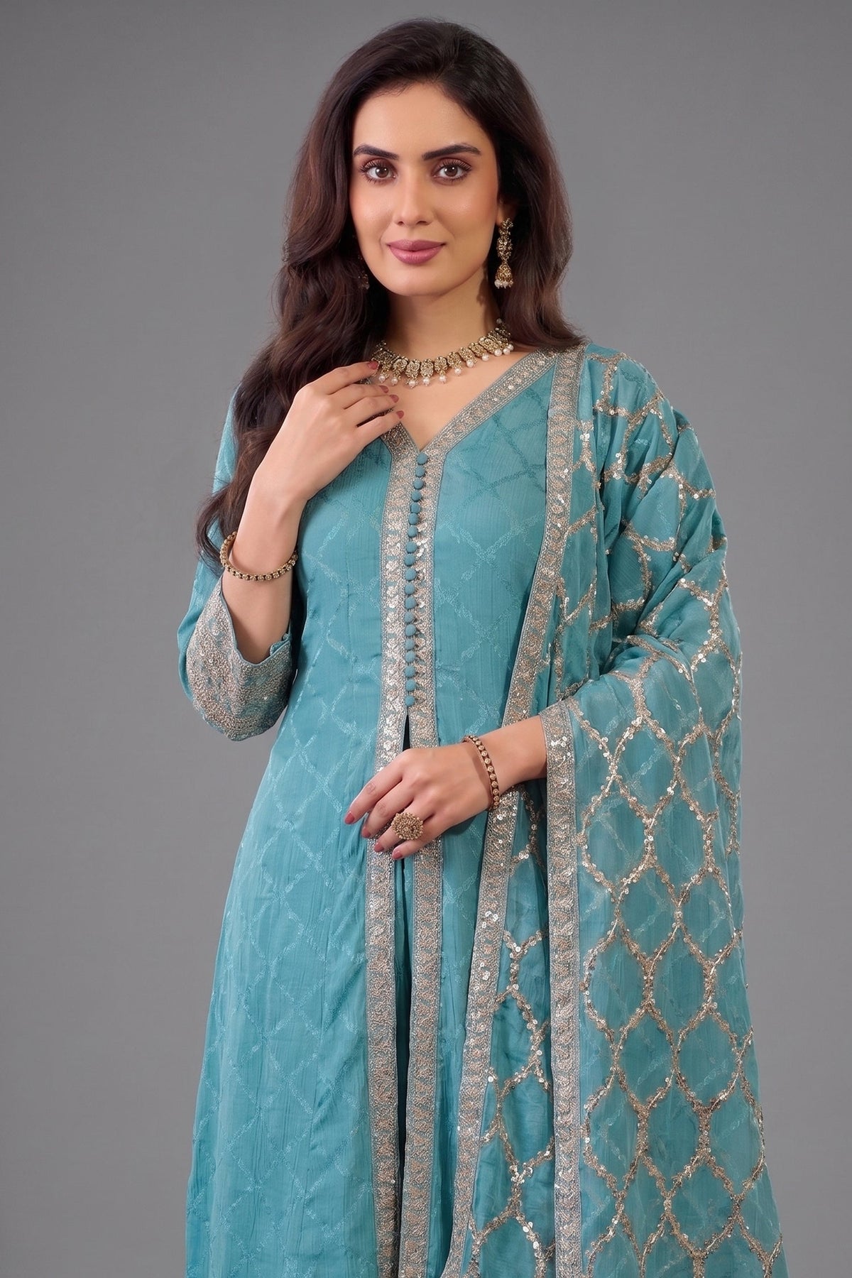 Sky Blue Chinon Chiffon Silk Sequin Embroidered Slit Cut Palazzo Suit