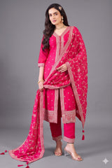Rani Pink Art Silk Sequin Embroidered Straight Cut Suit