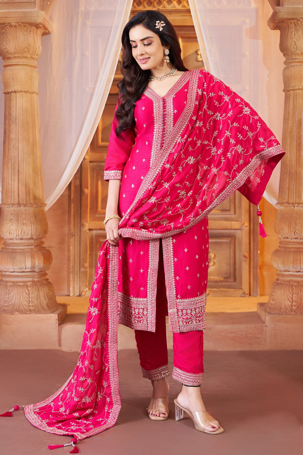 Rani Pink Art Silk Sequin Embroidered Straight Cut Suit