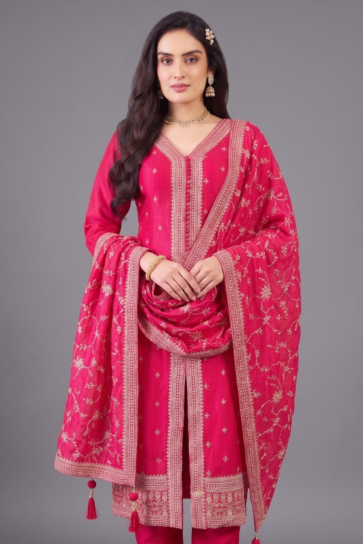Rani Pink Art Silk Sequin Embroidered Straight Cut Suit