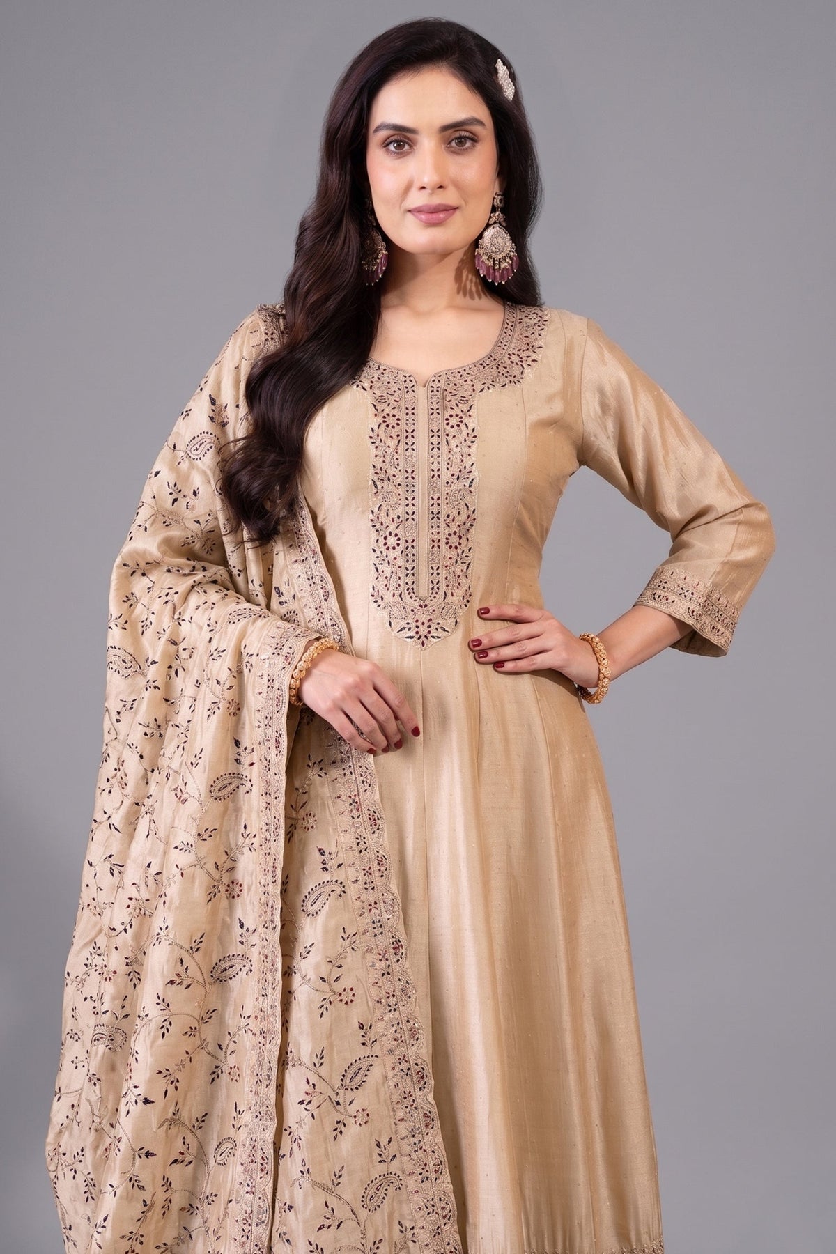Cream Art Silk Embroidered Anarkali Suit