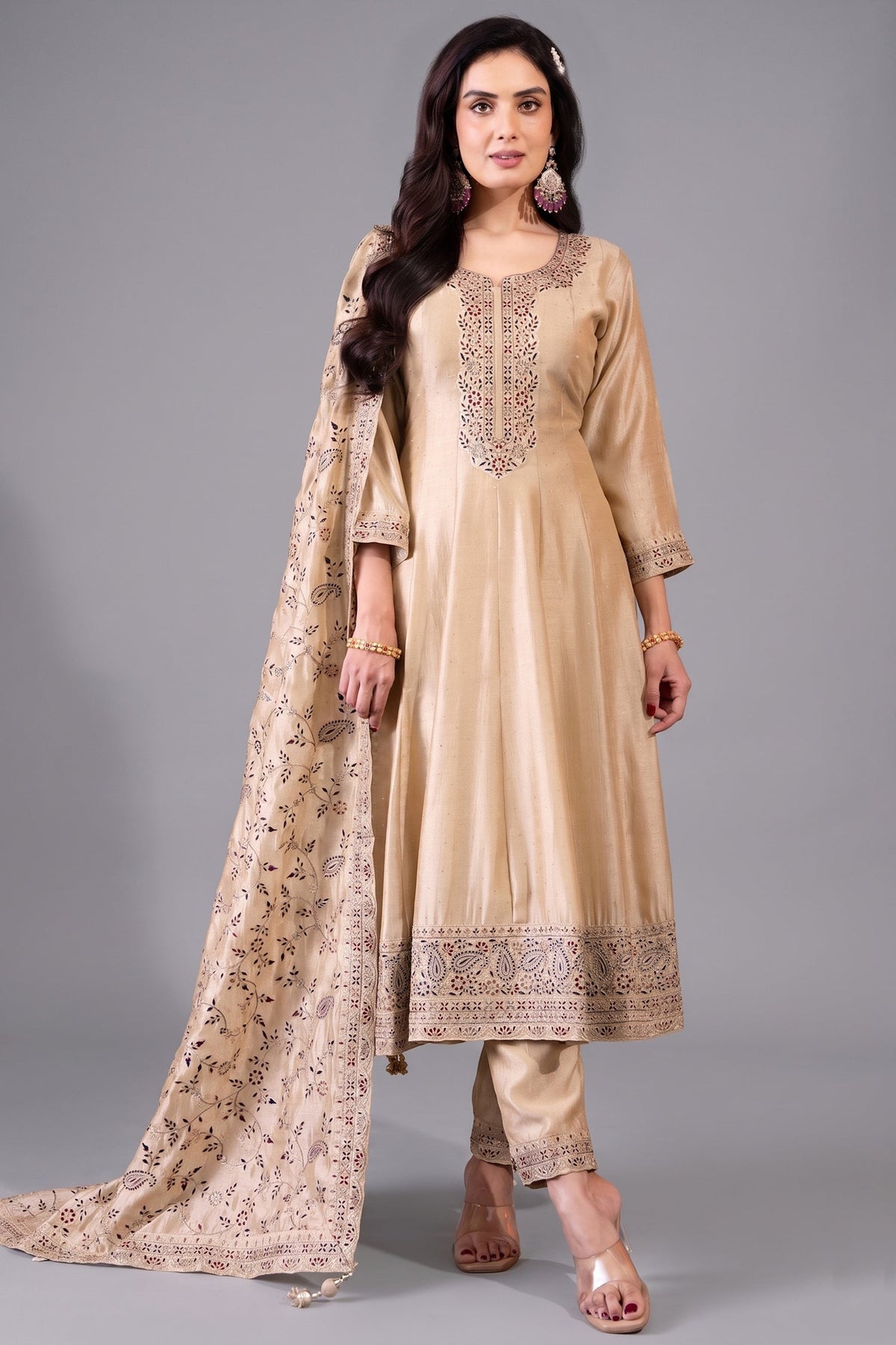 Cream Art Silk Embroidered Anarkali Suit
