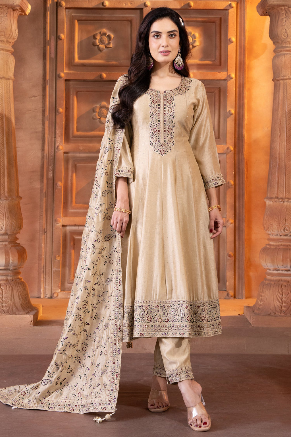 Cream Art Silk Embroidered Anarkali Suit