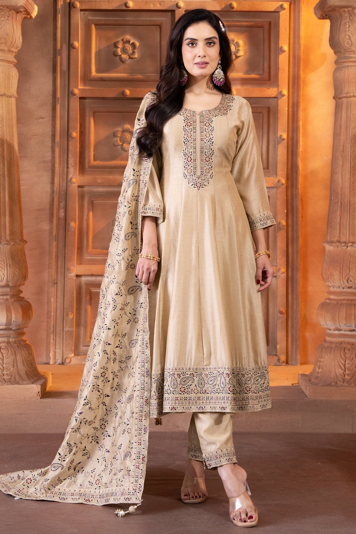 Cream Art Silk Embroidered Anarkali Suit
