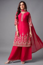 Pink Chinon Silk Embroidered Straight Cut Suit