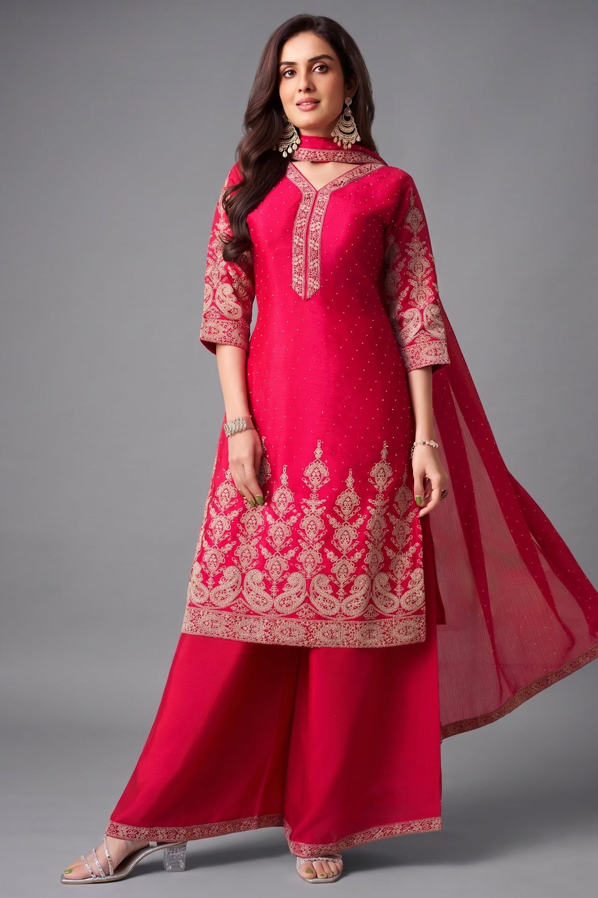 Pink Chinon Silk Embroidered Straight Cut Suit