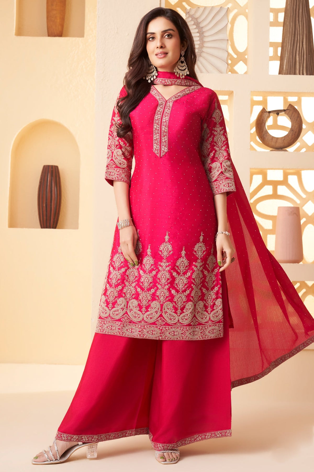 Pink Chinon Silk Embroidered Straight Cut Suit
