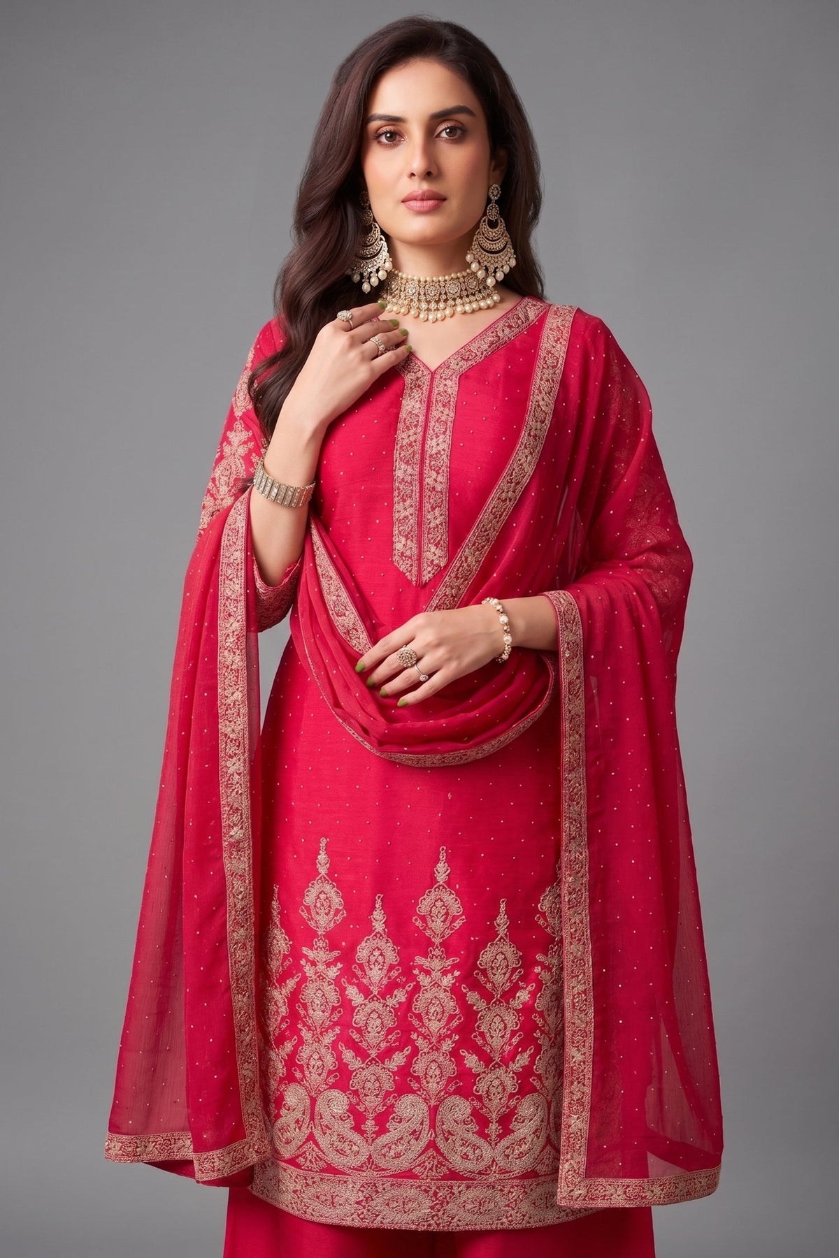 Pink Chinon Silk Embroidered Straight Cut Suit