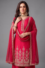 Pink Chinon Silk Embroidered Straight Cut Suit