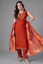 Rust Orange Mirror Embroidered Straight Cut Suit