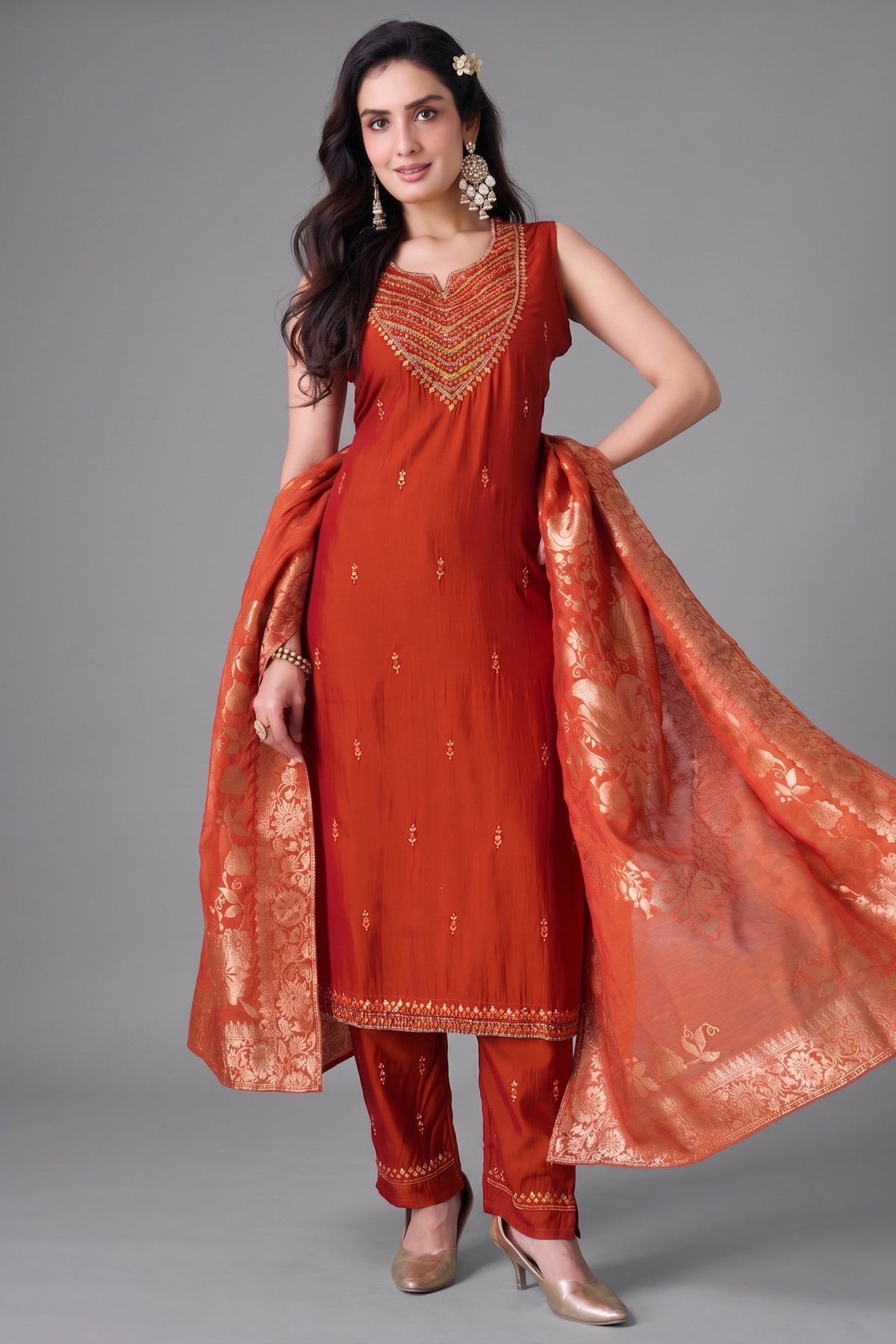 Rust Orange Mirror Embroidered Straight Cut Suit