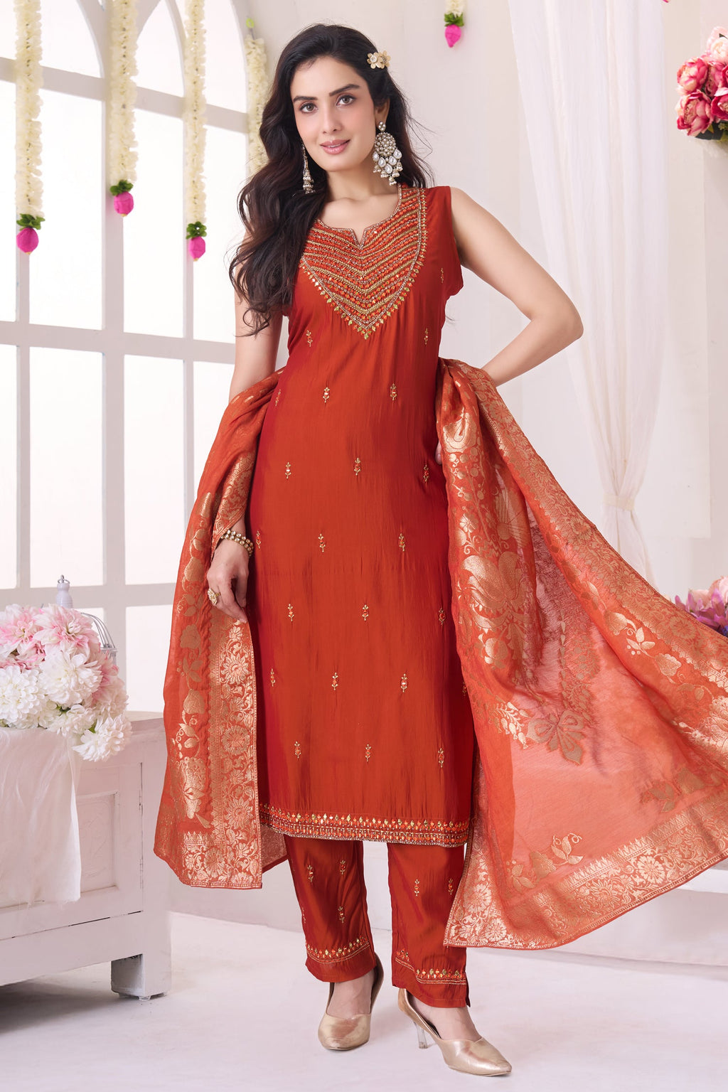 Rust Orange Mirror Embroidered Straight Cut Suit